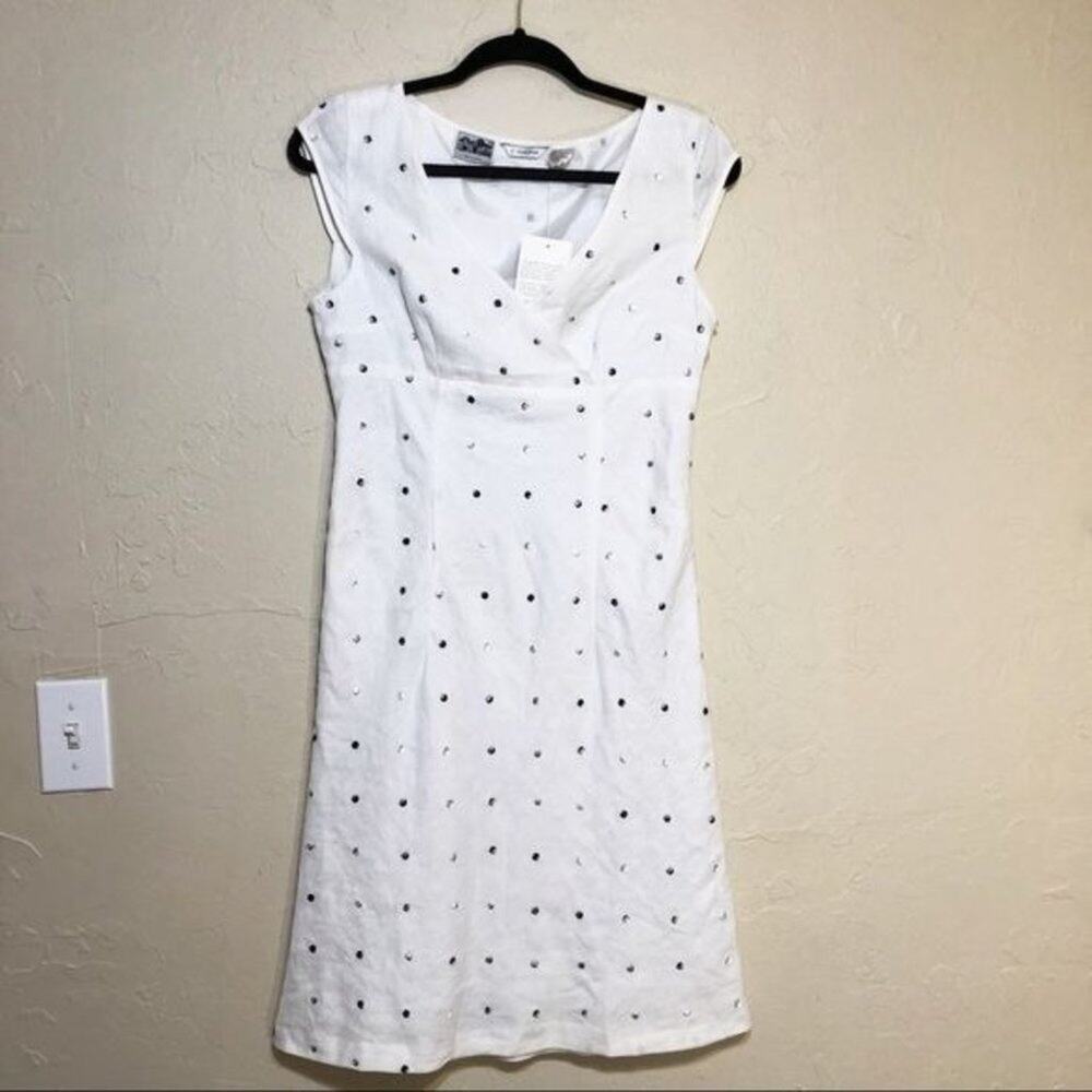 2 Friends Womens Dress 4 Irish Linen Sleeveless V neck Silver Polka Dots New